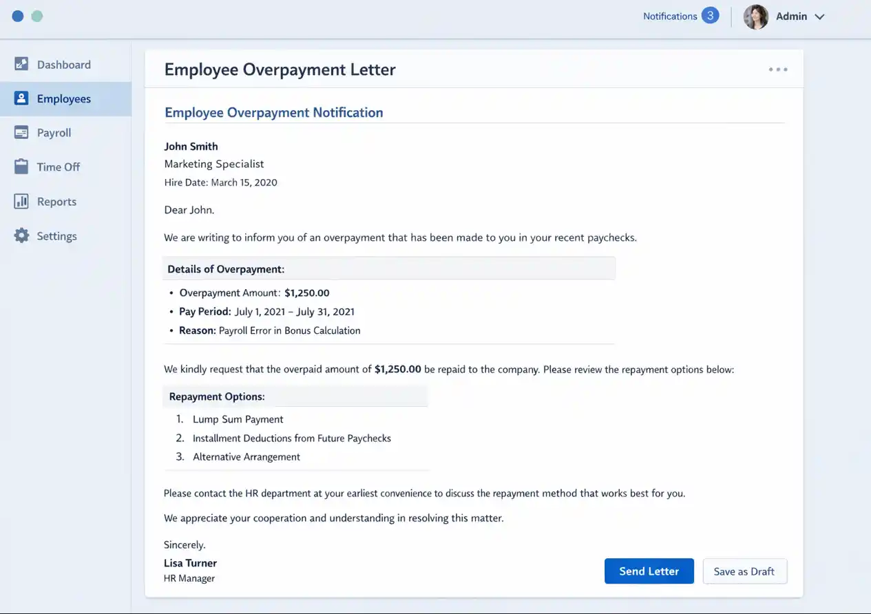 Sample of an overpayment recovery letter