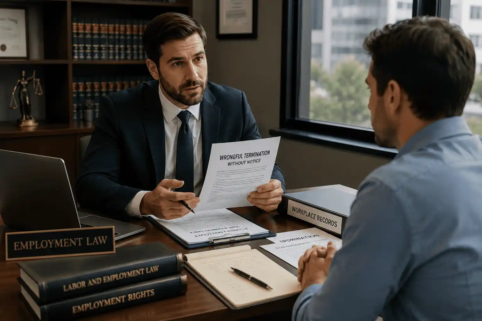 Employment lawyer consulting employee on wrongful termination case