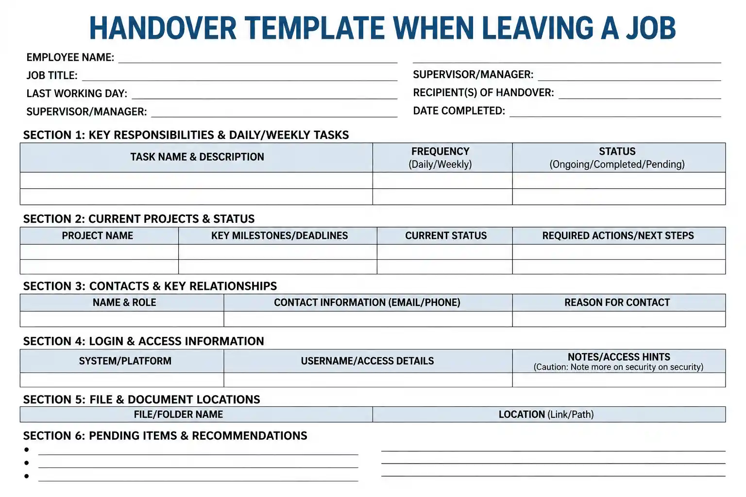 Handover Template Job Exit