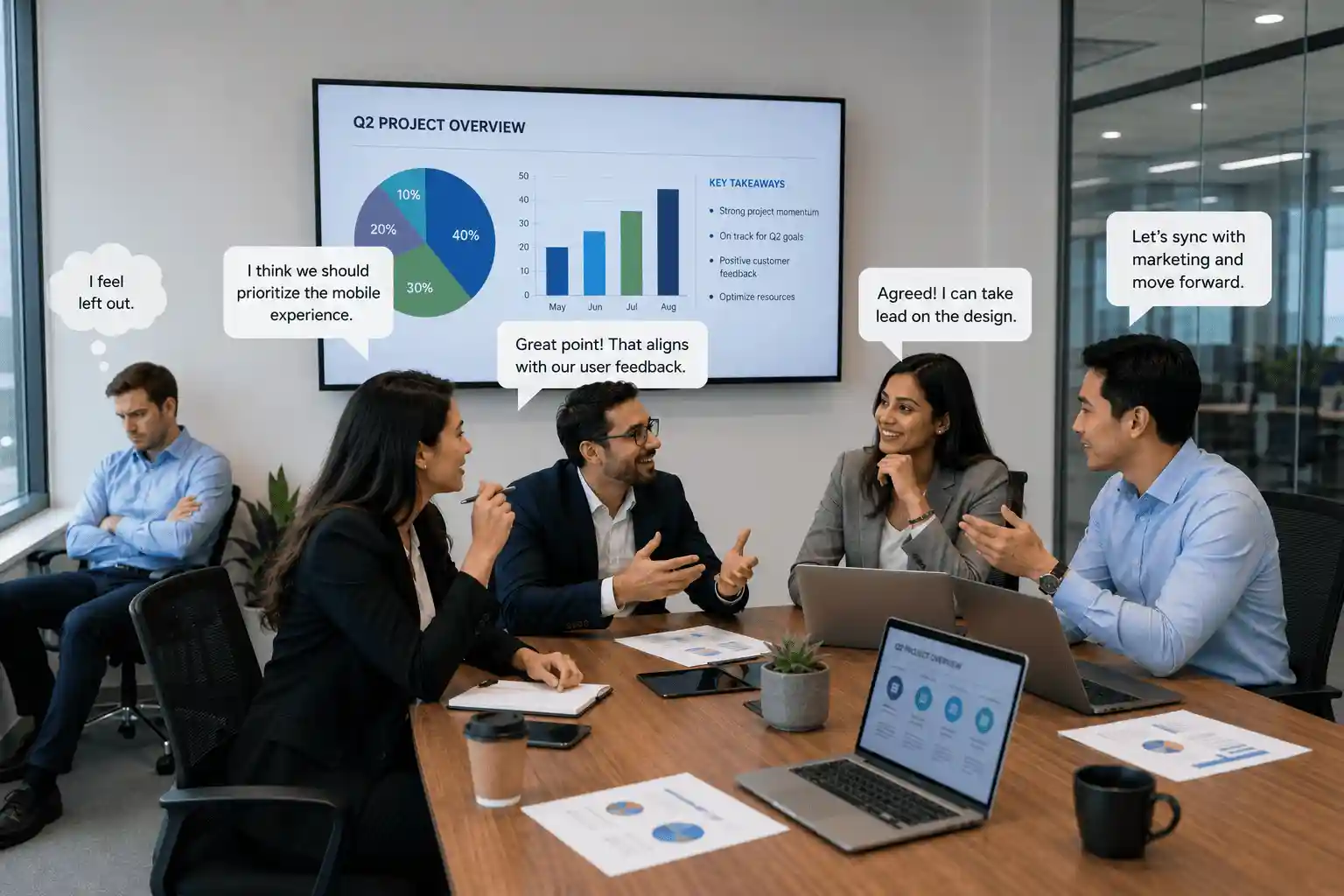 Team discussion with un happy employee